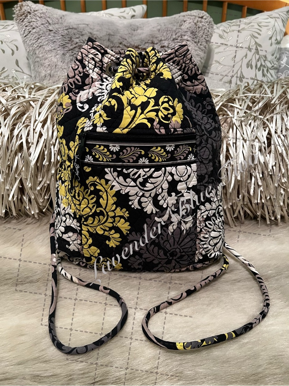 VERA BRADLEY Baroque 2010 Drawstring Zipper Front Backpack Y2K Black Yellow Flor